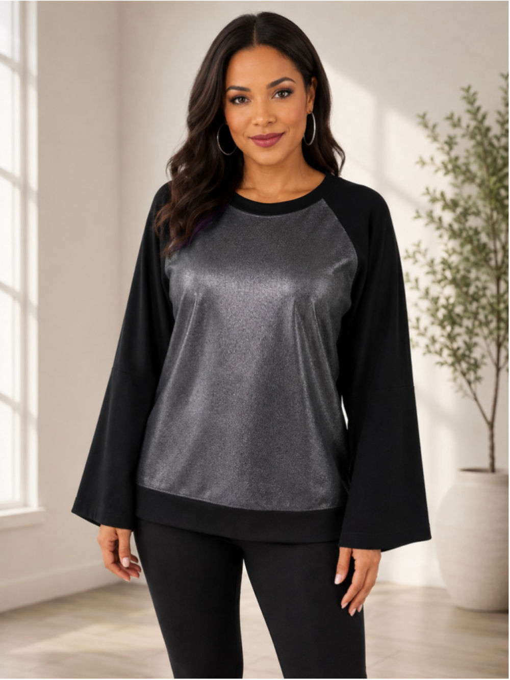 MTA Sport Black Metallic Panel Bell-Sleeve Sweatshirt – Size 1X – NWT